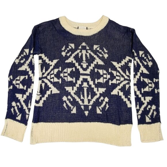 Fifty Street Womens Pullover Sweater Navy Cream Pattern Loose Knit Small - Picture 1 of 5
